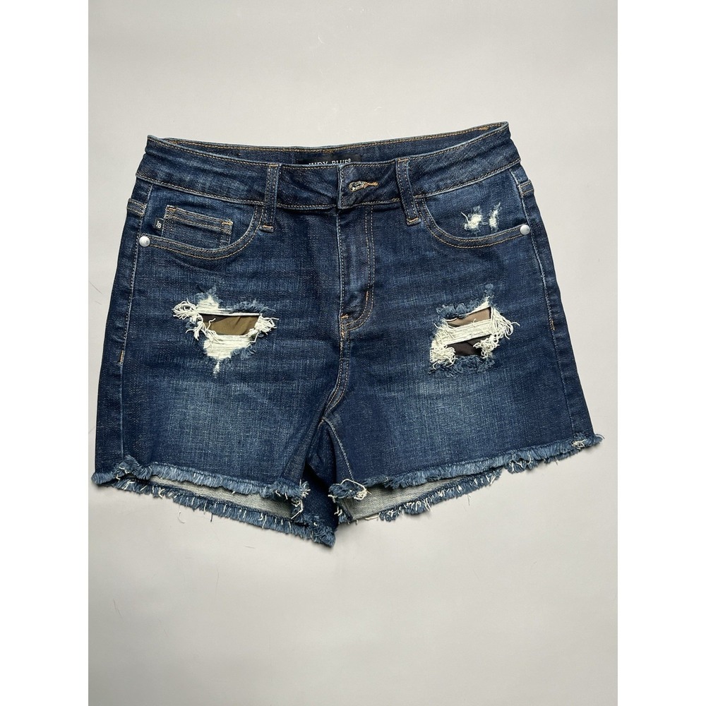 Judy Blue LA Mid Rise Dark Wash Denim Cut Off Shorts Fringe Pockets Women's S